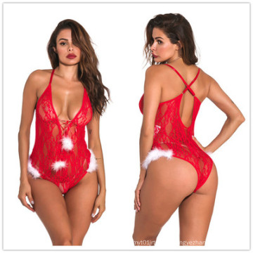 European And American Women's Lace Pattern See-Through Tight-Fitting Sexy One-Piece Christmas Shape Bodysuit